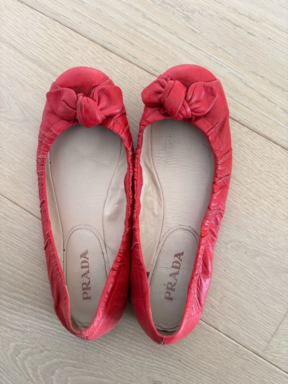 Prada Red Leather Knot Toe Ballet Flats